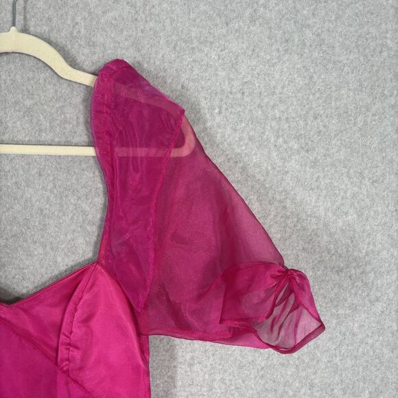 VTG 80s Prom Dress Medium Pink Puff Organza Sheer Overlay Bow Pencil Skirt Cape - Picture 5 of 14